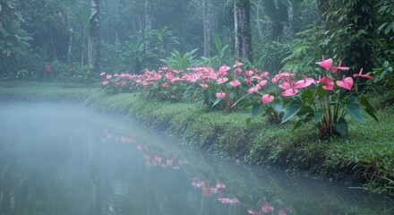 Tranquil Scene of Pink Flowers by Misty Riverbank Surrounded by Lush Green Foliage in Serene Nature Setting