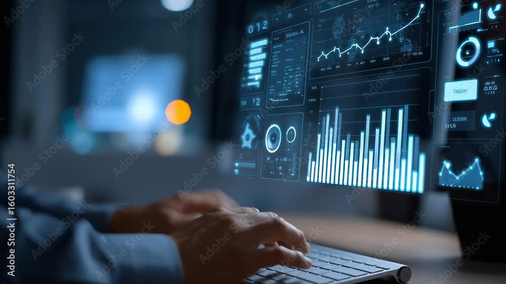 Poster a man is typing on a computer keyboard in front of a monitor displaying a graph. the graph shows a d