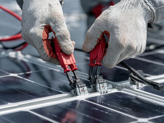 A technician wearing protective gloves is connecting wires to solar panels, ensuring a secure and efficient installation. The close-up highlights the importance of safety in renewable energy setups.