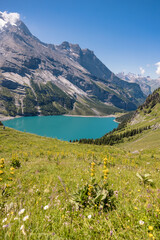 Lake Oeschinen in Switzerland, beautiful swiss mountain lake