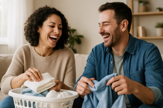 Joyful couple shares a lighthearted moment while doing laundry at home, highlighting the fun side of everyday household tasks and relationships - Powered by Adobe