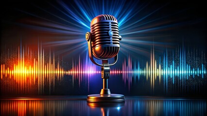 A vintage microphone stands against a vibrant colorful sound wave backdrop creating a dynamic and retro audio visual