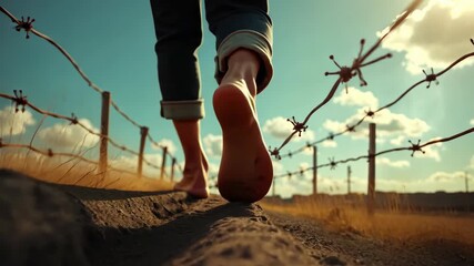 A Foot in Barbed Wire (31-45).Steps: 22, Painful walk, Risky step. Dangerous footing. Barefoot trek across sharp metal. Hazardous journey avoiding foot harm. Safety precautions for outdoor adventures.