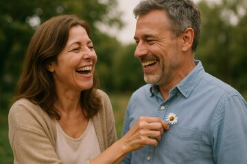 Joyful couple shares a laugh outdoors, as one playfully places a daisy in the other's shirt pocket, symbolizing happiness and connection