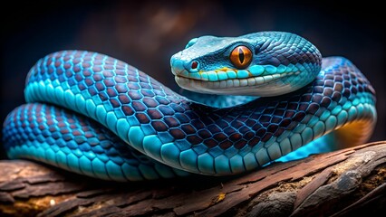 Fototapeta premium A captivating blue snake coiled on a branch showcasing its vibrant scales and striking beauty in a detailed wildlife photograph