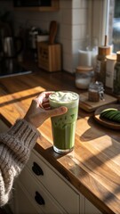 Lifestyle shot: hand holding iced matcha latte at window