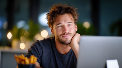 Portrait Of A Man With Curly Hair Resting Chin On Hand Smiling Near A Computer