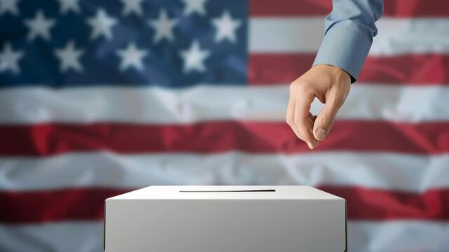 A person is voting in an election by putting a blank piece of paper into a box. The box is next to a red, white, and blue American flag