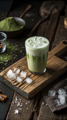 Dark moody iced matcha latte with reflections