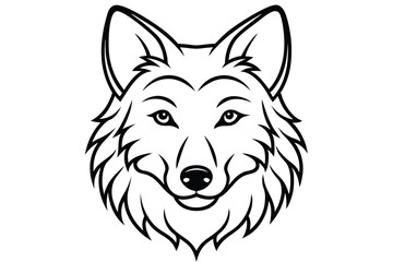 Black and White Line Art Illustration of a Wolf Head with Detailed Fur