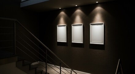 Obraz premium Illuminated Frames: A captivating visual of three empty picture frames illuminated by focused spotlights, mounted on a textured wall. A staircase railing is gracefully arranged.