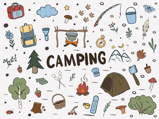 A colorful set of objects on the theme of hiking and camping in doodle style. Wildlife recreation and survival, elements of travel. Cute detailed illustration on the theme of camping.