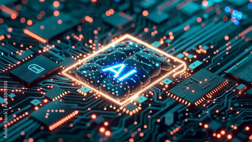 Poster a computer chip with the letters ai on it. the chip is glowing and surrounded by other computer chip