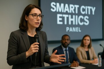 Businesswoman speaking using microphone at smart city ethics panel with colleagues sitting in background