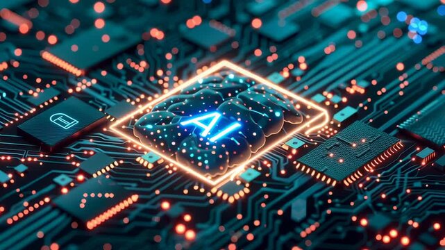 A computer chip with the letters AI on it. The chip is glowing and surrounded by other computer chips
