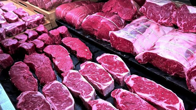 Fresh cuts of premium beef are showcased at a local butcher shop. The display features various cuts, emphasizing their marbling and quality, appealing to meat lovers.
