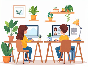 Cartoon illustration of remote workers in a bright, plant-filled home office