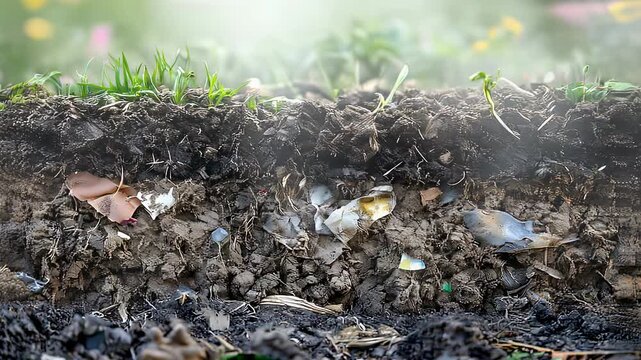Close-up of soil layers with compost and sprouting plants in a garden, showcasing decomposition and new growth.