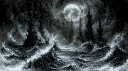 Towers rise over ocean waves under the moon