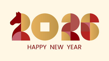 Abstract background New Year 2026 with Chinese gold coin. Сolored silhouette of numbers made of simple geometric shapes. Number 2 in form of horse. For cover, postcard, banner, calendar. Vector EPS10