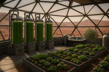 Obraz premium Green algae tanks powering a lettuce farm thrive inside a geodesic dome, set against the striking Martian landscape