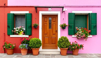 Colorful facade of a house with flowers