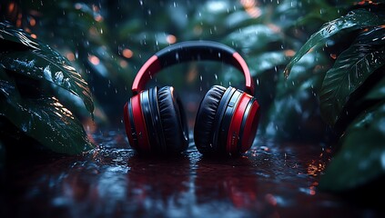 Red and Black Headphones Mockup on Wet Surface with Lush Green Foliage

