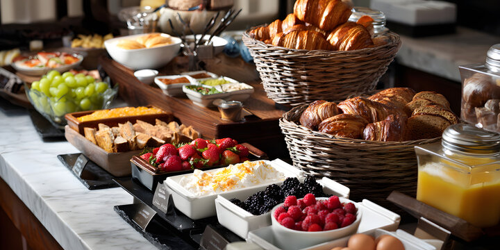 Assortment of breakfast food items artfully displayed for hotel guests, showcasing a variety of delicious options designed to delight hotel guests during their stay.