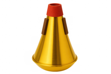 Golden brass straight mute for trumpet with cork pads and red top, isolated on transparent background