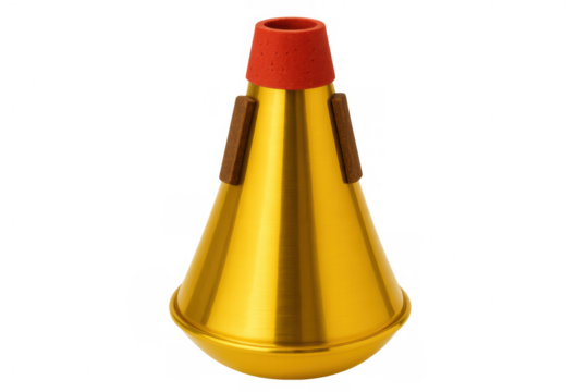 Golden brass straight mute for trumpet with cork pads and red top, isolated on transparent background