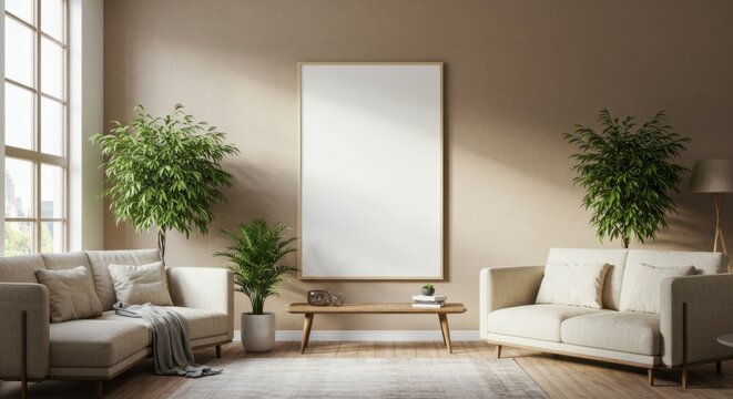 Interior design: A serene living space, with neutral tones, abundant natural light and a welcoming atmosphere. with two sofas, trees and a large empty frames to give a sense of comfort and simplicity.