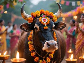 Sacred cow adorned with festive marigold flower garlands during Gai Tihar in Nepal, surrounded by women in colorful saris and traditional lights creating a warm and joyful celebration atmosphere