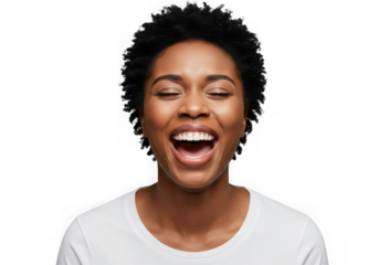 Joyful black woman laughing heartily with eyes closed isolated on transparent background