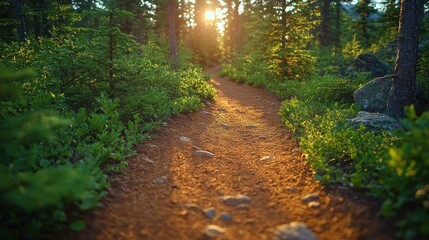 Obraz premium Trail winds through a forest, sunset shining through