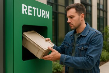 Customer returning reusable packaging to a designated drop off point, supporting sustainable practices and circular economy initiatives