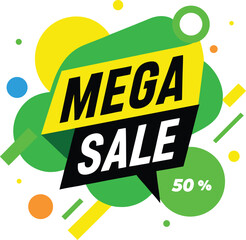 Dynamic mega sale announcement with a bold yellow and black banner highlighting fifty percent off surrounded by colorful abstract shapes and confetti isolated on transparent background