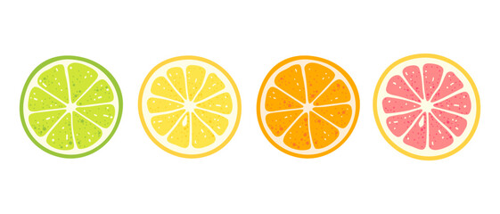 Fresh citrus fruits slices set. Lime, lemon, orange and grapefruit on white isolated background. Design elements for summer menu, package, cosmetic, textile, package. Vector illustration in flat style