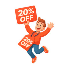 Excited Cartoon Dog Character Jumping with a 20 Off Sale Label in a 3D Vector Style on White