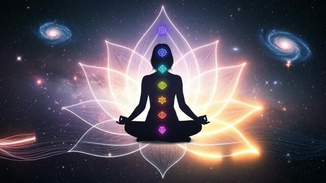 Silhouette meditating figure lotus pose cosmic galaxy energy flow chakras glowing spiritual awakening universe connection inner peace 4K Ai HD video.

