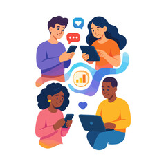 Colorful Flat Design of People Using Digital Devices with Social Media and Chat Icons on a White Background Dog Illustration