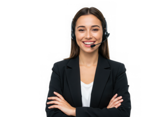 Smiling woman in a black blazer wearing a headset isolated on transparent background