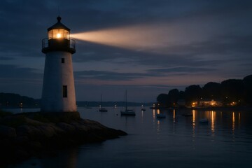 White lighthouse casting a beam of light across a tranquil harbor with sailboats at twilight, creating a serene coastal scene