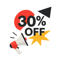 Minimalist 30 Percent Off Sale Promo with Bold Text Geometric Shapes and a Dog Illustration on a Clean White Background
