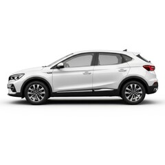 A white car displayed in a side view on a white background