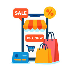 Online Shopping Concept Vector Illustration with Phone Sale Elements and Shopping Cart on a Clean White Background for Digital Marketing