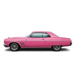 A classic pink car in a studio shot with a white background