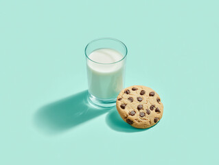 A glass of milk next to a chocolate chip cookie on pastel mint background