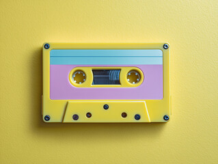 Obraz premium A single vinyl cassette on pastel yellow surface, retro mood