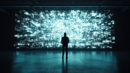 A silhouette of a person stands before a massive digital screen displaying complex data and glowing blue light in a dark room.