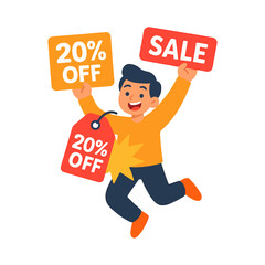 Cartoon Dog Character Holding a 20 Percent Off Sign Great for Retail Sales and Discount Promotions on a White Background